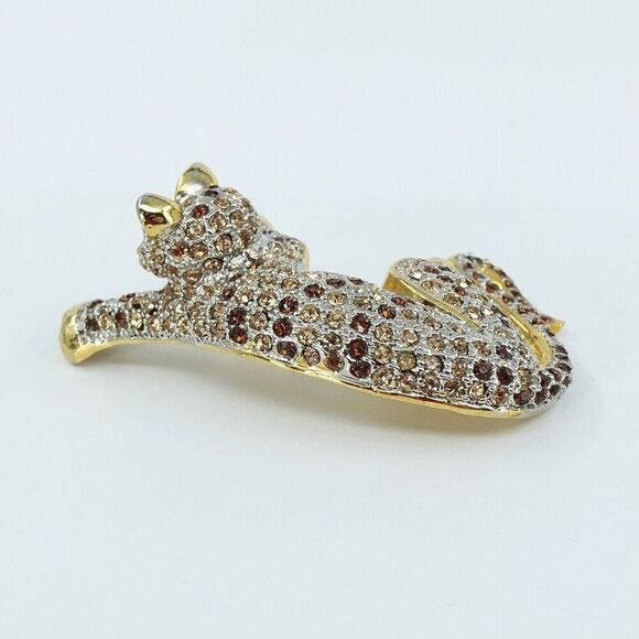 Leopard Rhinestone Brooch Gold Tone Big Cat Statement Piece Shoulder Stunning - Picture 12 of 15